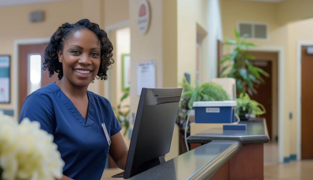 Friendly dental team member standing behind desk