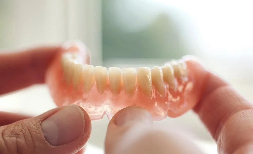 Person holding a full denture